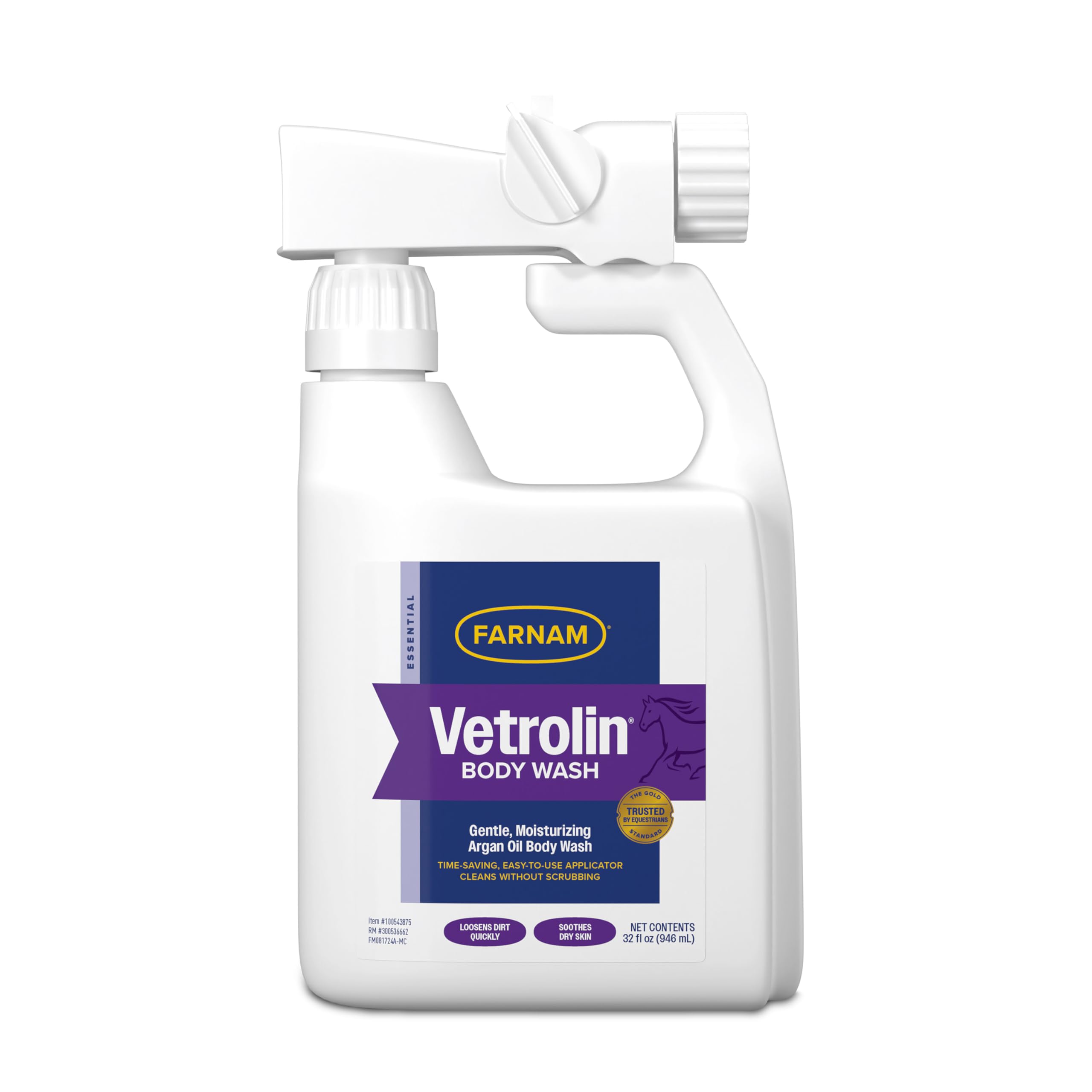 Farnam Vetrolin Body Wash, Time-Saving with No Scrubbing, Gentle and Moisturizing with Argan Oil, Soothes Dry Skin, for Horses and Dogs, 32 fl oz.