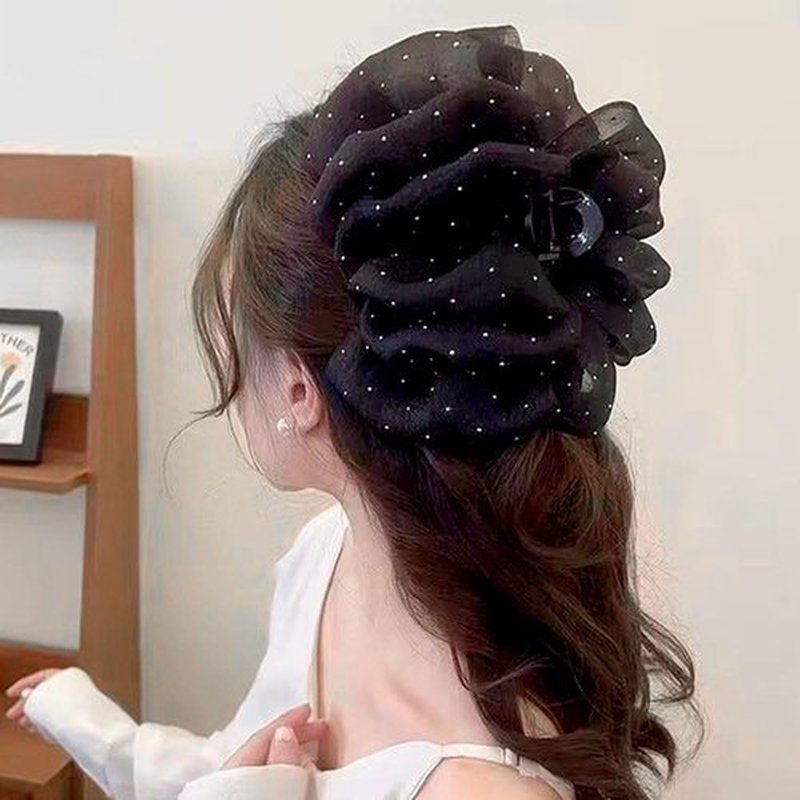 Myhiju Hair Clip, Black Chiffon Mesh Tulle Rhinestone Bow Hair Clip, Strong Hold Silk Bowknot Claw Clip for Women, Hair Accessories for Thick Hair, Daily, Party