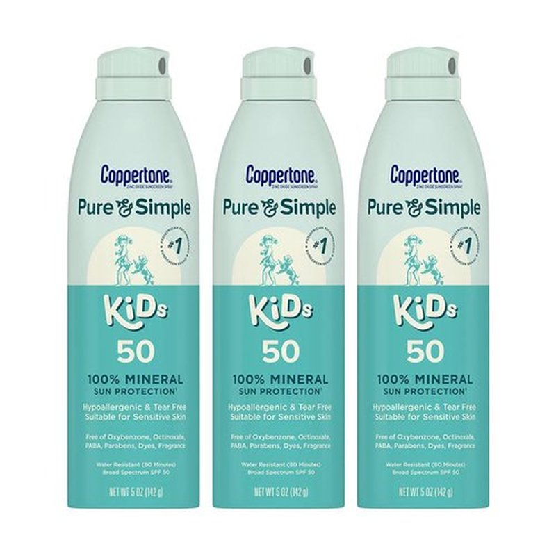 Coppertone Pure and Simple Kids Sunscreen Spray SPF 50, Zinc Oxide Mineral Sunscreen for Sensitive Skin, Hypoallergenic and Tear Free, 5 Oz Can, Pack of 3