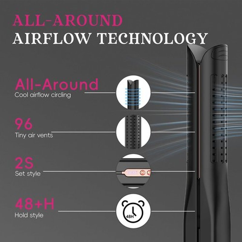 SKIMI Airflow Styler, Titanium Flat Iron Hair Straightener, Professional Curling Iron with Cooling Air Vents to Lock in Style, 5 Temps & Dual Voltage, Auto Off (Black & Yellow Rose).