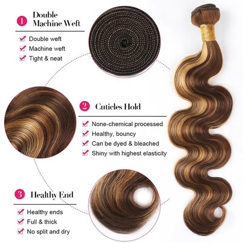 GLSMOSNW Highlight Body Wave Bundles P4/27 Human Hair Bundles 20 22 24 Inch Unprocessed Brazilian Virgin Human Hair Extensions Two Tone Brown And Blonde Ombre Bundle