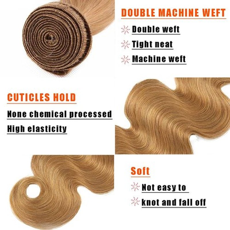 Blonde Body Wave Human Hair Bundles 20 Inch #27 Honey Blonde Body Wave Single Bundle Human Hair Unprocessed Native Virgin Hair 100g Total 1 Hair Extensions Double Weft for Women