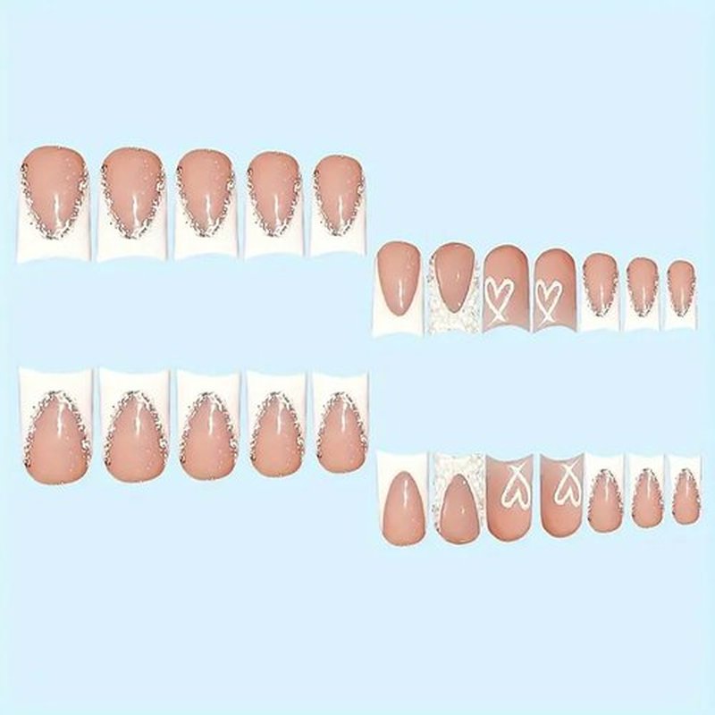 Short Press on Nails Square,Short Length Fake Nails White French Tips False Nails with Rhinestones Designs Acrylic Nails Press on Glossy Glue on Nail for Christmas/Valentine'S Day/Women 24Pcs