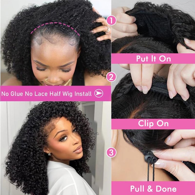 virginess Kinky Curly Half Wig Human Hair Wear Go Glueless Wigs 16 Inch Curly 3 In 1 Half Wigs for Black Women Drawstring Seamless Flip Headband Wig Human Hair Beginner Friendly