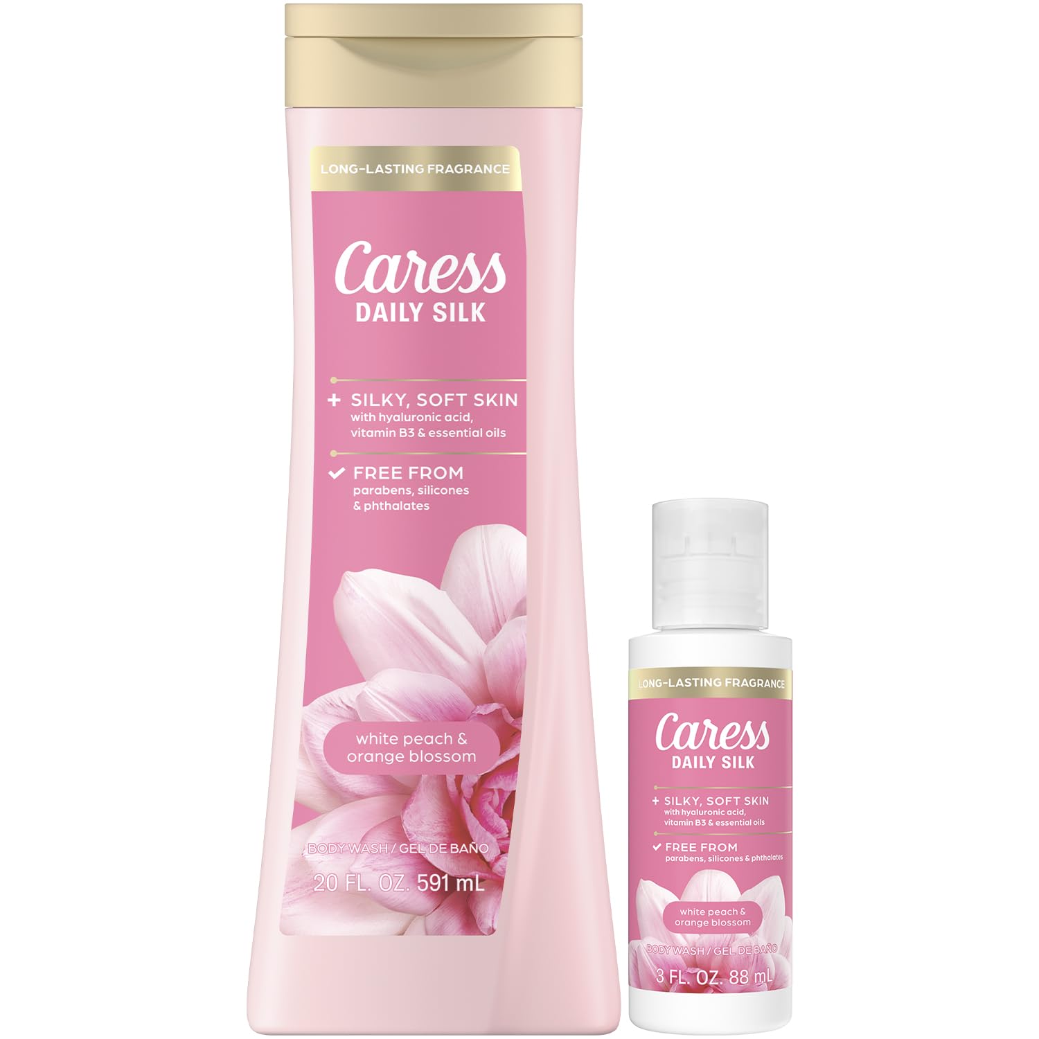 Caress Body Wash, Daily Silk Full-Size + Travel-Size – Bath & Shower Essentials for Soft, Silky Skin, Iconic White Peach & Orange Blossom Scent