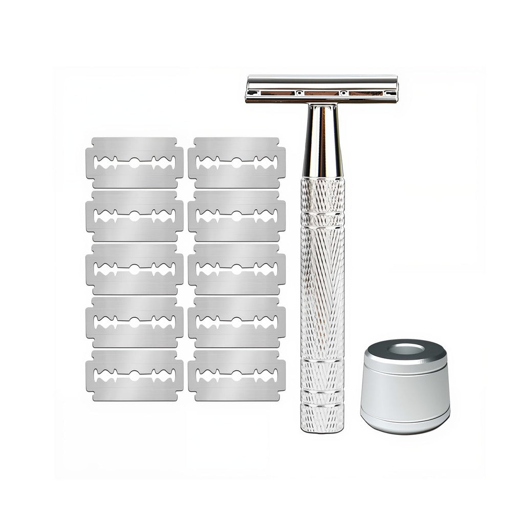 Men's and Women's Manual Razor Safety Razor with 10 Double Edge Blades, Double Edge Razor, Reusable Razor Kit, Eco-Friendly, Smooth Close Shave, Plastic-Free (Silver + base)