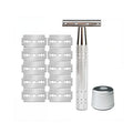 Men's and Women's Manual Razor Safety Razor with 10 Double Edge Blades, Double Edge Razor, Reusable Razor Kit, Eco-Friendly, Smooth Close Shave, Plastic-Free (Silver + base)