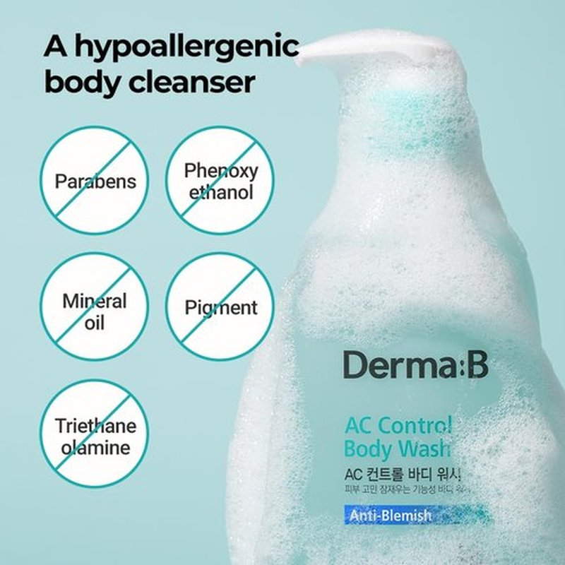 Derma B AC Control Body Wash - Anti-Blemish & Pimples Care | Hypoallergenic 420ml Shower Gel