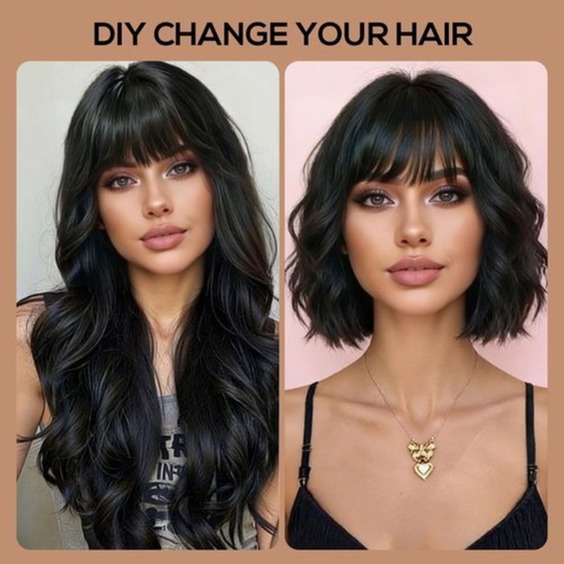 POUWENEY Black Wig with Bangs 26 Inch Long Curly Wavy Wigs for Women Begineer-Friendly Synthetic Wig for Daily Party Holiday Use
