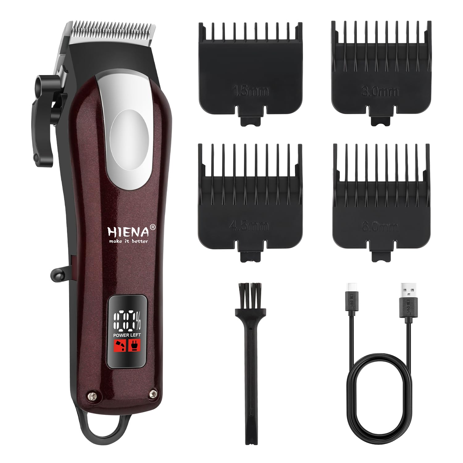 HIENA PRO Professional Hair Clipper for Men, Cordless Hair Clippers for Hair Cutting, Rechargeable Barber Clipper & Trimmer with LCD Display, USB Charging, Gift for Men (Brown)