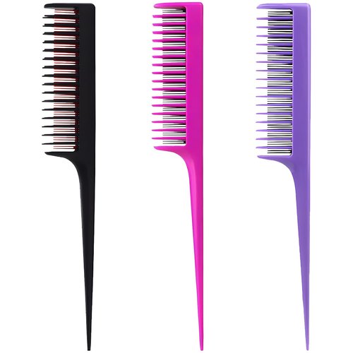 Skiennix Professional Teasing Comb Set - 3 Pack for Root Teasing & Volume Boost | 8.15 Inches - Black, Magenta, Purple