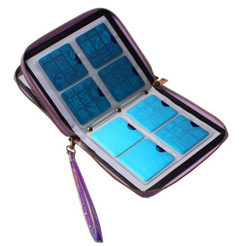 FingerAngel 120 Slots Nail Stamping Plate Holder Case Laser Style Rectangular Manicure Nail Art Plate Organizer with Double Zipper Nail Template Case (C)