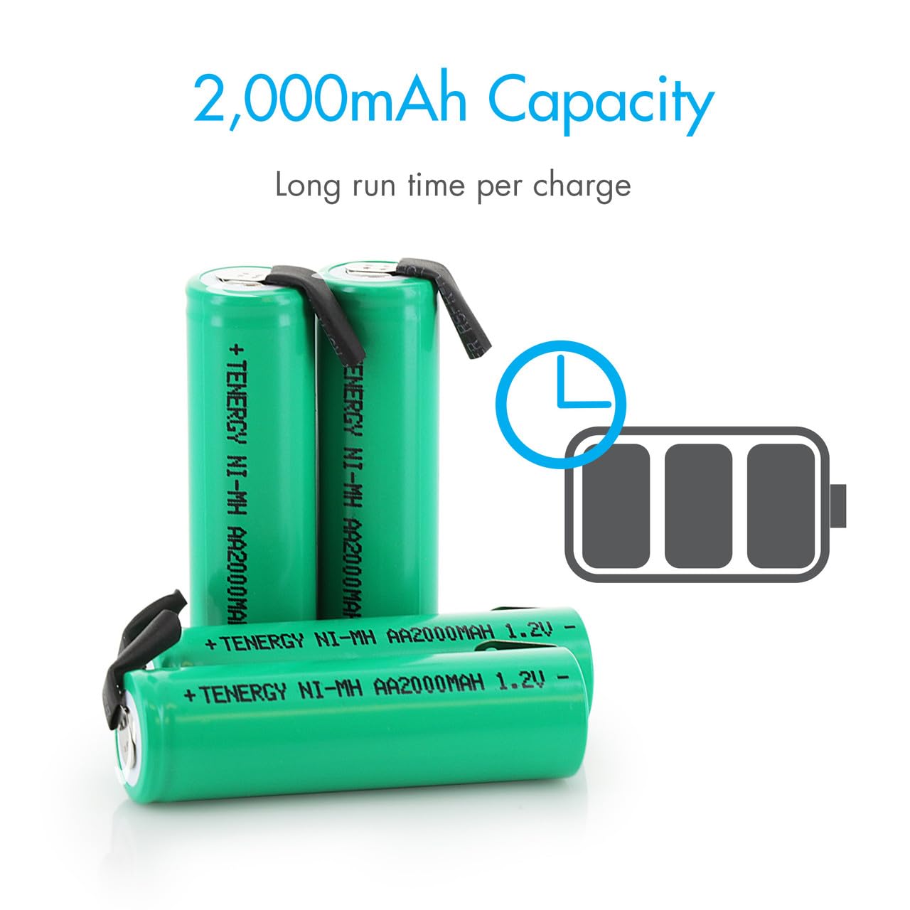 Tenergy AA 1.2V NiMH 2000mAh Flat Top Rechargeable AA Batteries with Tabs, 4 Pack