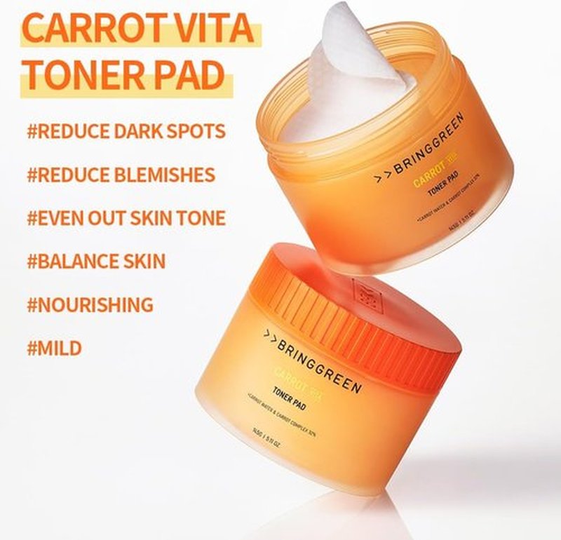 BRING GREEN Carrot Toner Pads - Vitamin & Retinol Formula for Even Skin Tone | 60 Count