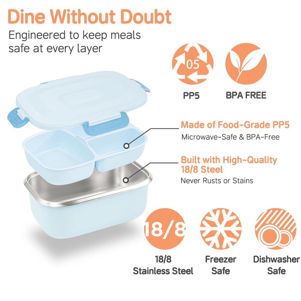BEVISS 18/8 Stainless Steel Bento Box, Bento Lunch Box with Soup Bowl for Kids and Adults, Food Containers with Bag for Office or School, Blue