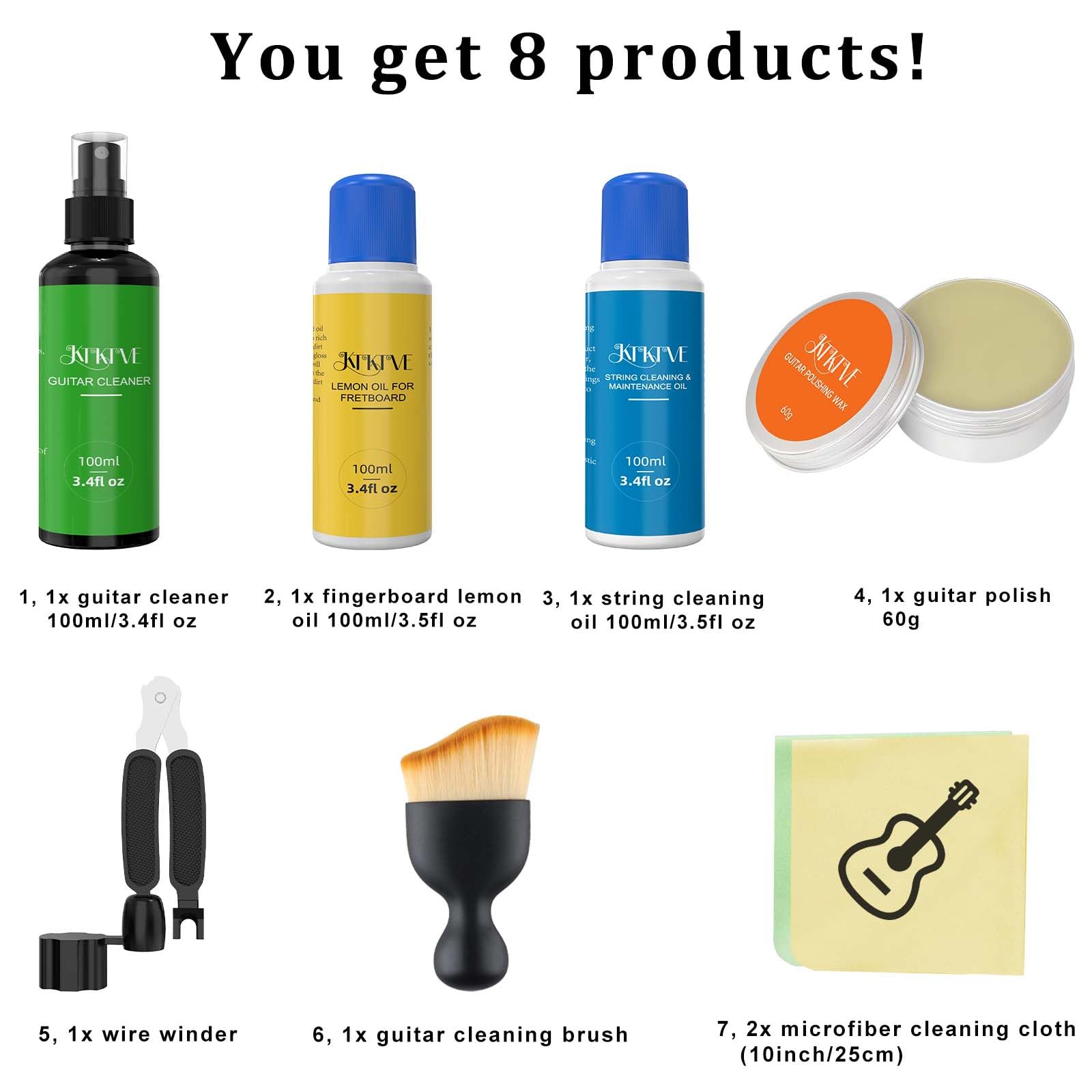 KTKTVE Guitar Cleaning Kit – 8-Pack Complete Care Set with Innovative Sponge Applicator | Guitar Cleaner, Lemon Oil(fretboard oil), Polish Wax, String Cleaner, Winder, Brush & Microfiber Cloth