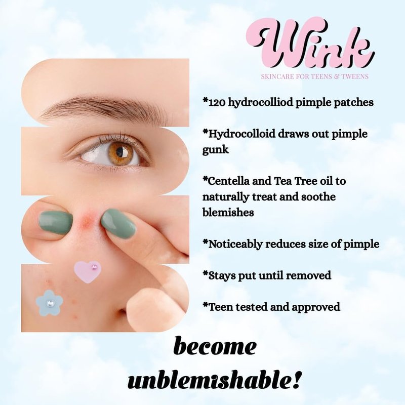 Wink Hydrocolloid Pimple Patches, 120-Count (Exclusive Gem/Bling Acne Stickers) Gentle Tea Tree & Centella For Face Skincare - Star, Heart, Flower And Cloud Shapes, Teen Tween Girl Facial Treatment