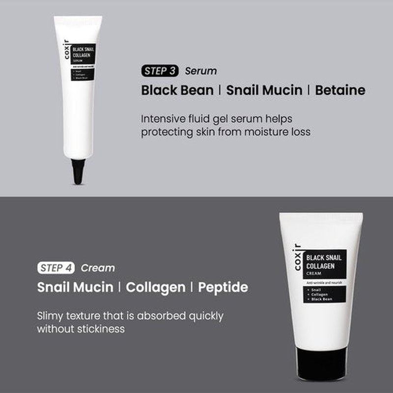 coxir Black Snail Collagen Starter Kit – Cleanser, Toner, Serum & Cream | Repairing Snail Mucin Skincare Set, Hydrating Korean Beauty Routine for Women (4-Piece)