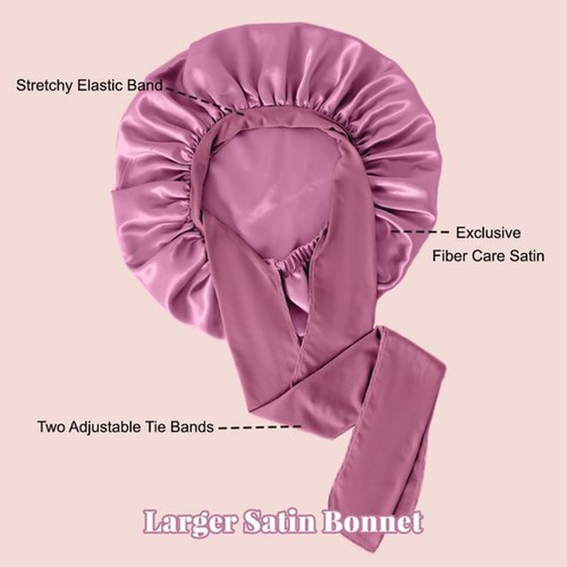 2 Pcs Large Satin Silk Bonnet for Sleeping Women, Adjustable Hair Bonnets for Sleeping with Tie Band, Silk Bonnet Sleep Cap for Curly Hair Long Braids (Black+Rose Pink)