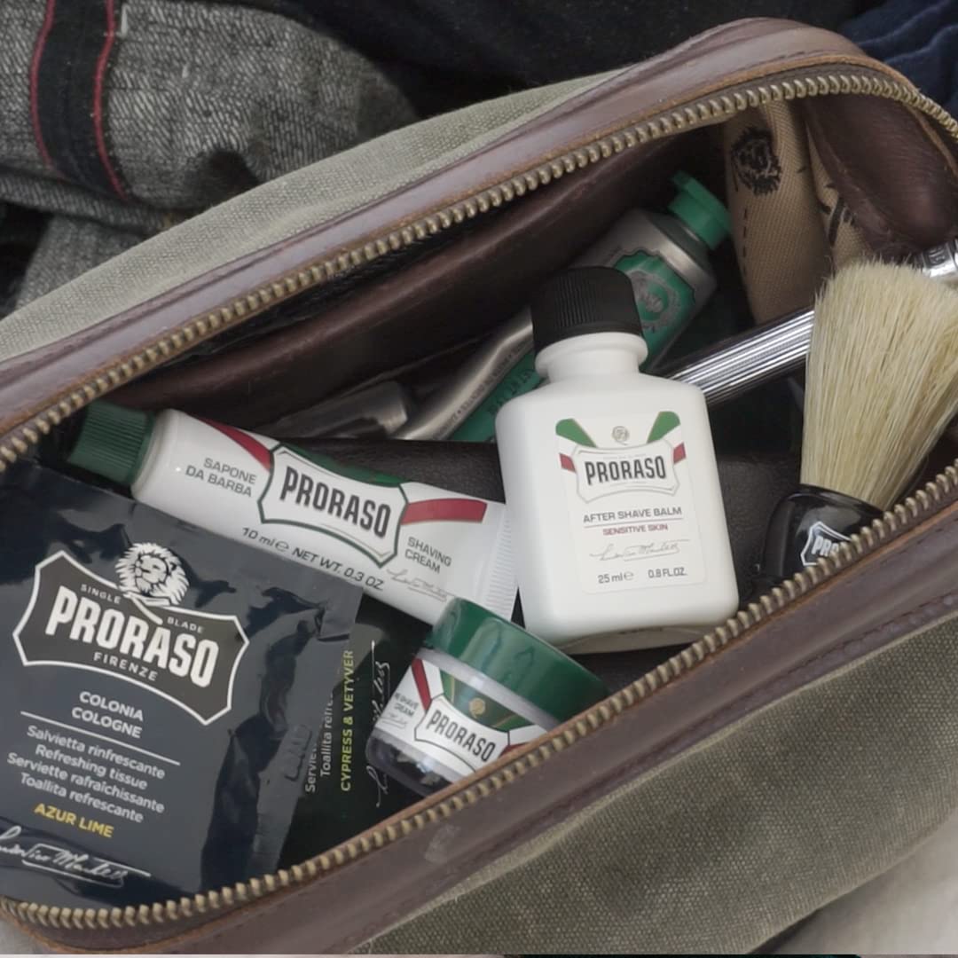 Proraso Travel Sized Shaving Kit for Men | Pre-Shave Cream, Shaving Cream, After Shave Balm & Boar-Bristle Brush for All Skin Types