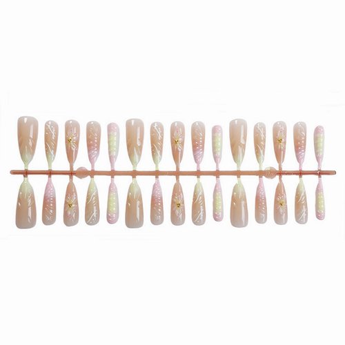 MISUD Press on Nails - Long Stiletto Glue on Nails with Pink Yellow, Acrylic Handmade Flower Design 30 pcs