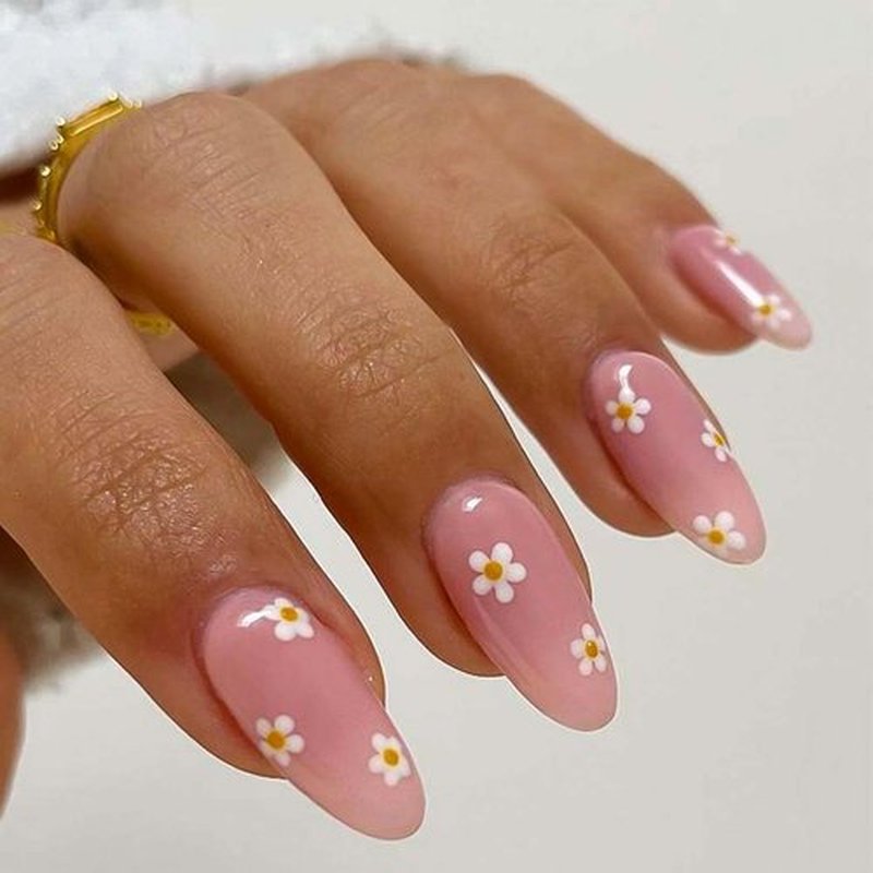 RikView Pink Press on Nails Medium Fake Nails with Daisy Design Almond Nails Glossy Full Cover Nails for Women 24 PCs/Set