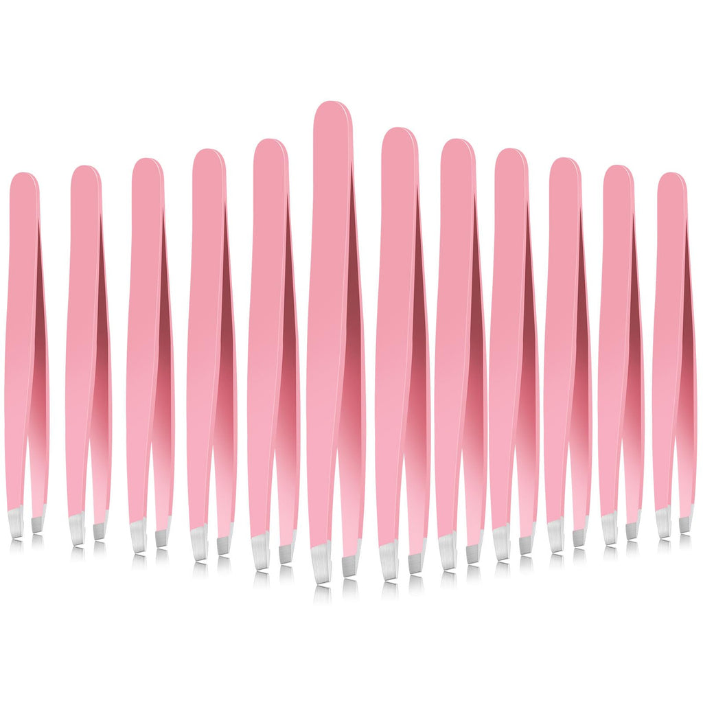 Mudder 12 Pcs Eyebrow Tweezers Set for Facial Hair Stainless Steel Slanted Tip Tweezers in Bulk for Men and Women(Pink)