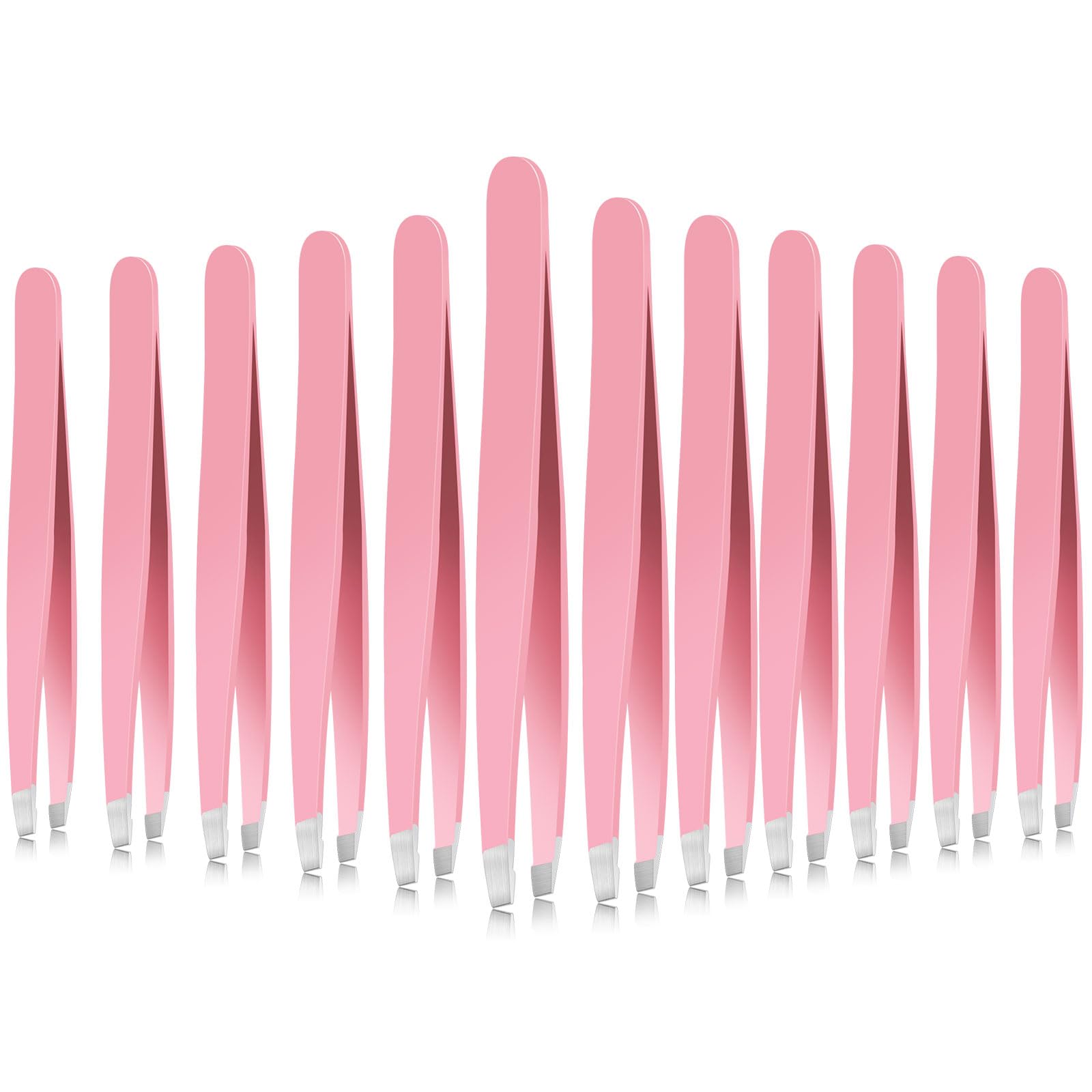 Mudder 12 Pcs Eyebrow Tweezers Set for Facial Hair Stainless Steel Slanted Tip Tweezers in Bulk for Men and Women(Pink)