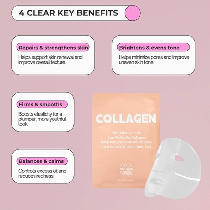 BSF SKIN | Deep Collagen Hydrogel Face Mask With Niacinamide, Low Molecular Collagen, Galactomyces Ferment Filtrate, Low Molecular Hyaluronic Acid (28g x8ea)