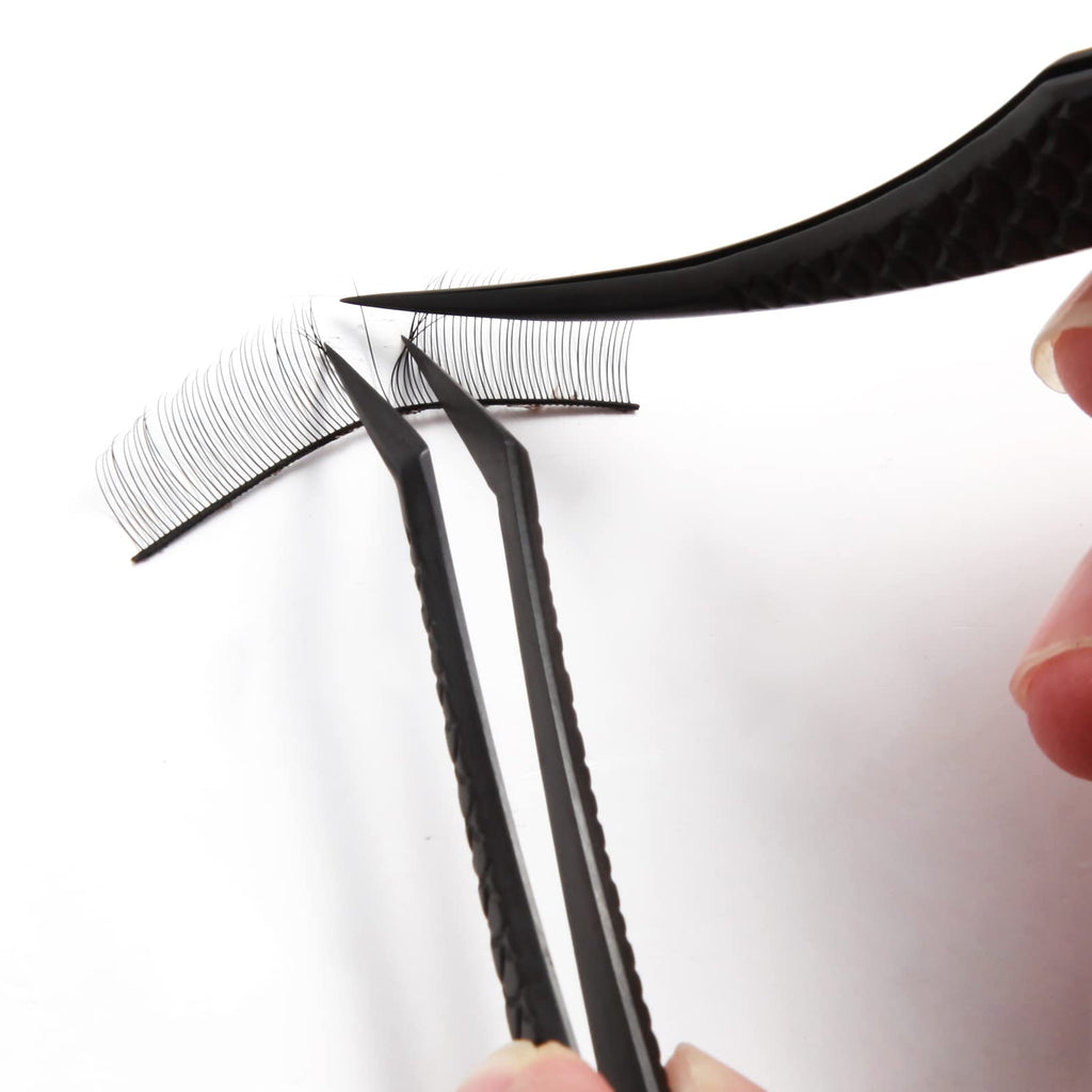 FEITA Diamond Grip Eyelash Extensions Tweezer Lash Precision Tweezers, Japanese Steel Dolphin-shaped & Angled Tip, False Lashes Application Tools, Black 2Pcs