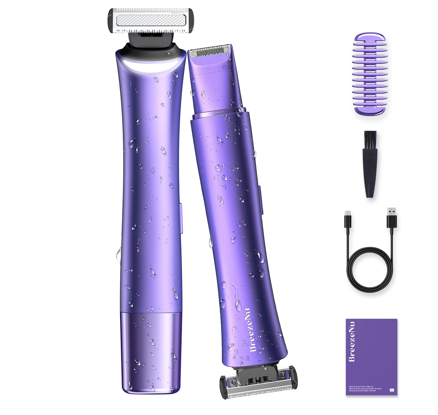 BreezeNu Bikini Trimmer for Women, 2-in-1 Painless Electric Razor with Dual Heads, IPX7 Waterproof Cordless Body & Facial Shaver for Pubic Hair, Underarms, Legs & Face, Wet & Dry (Purple)