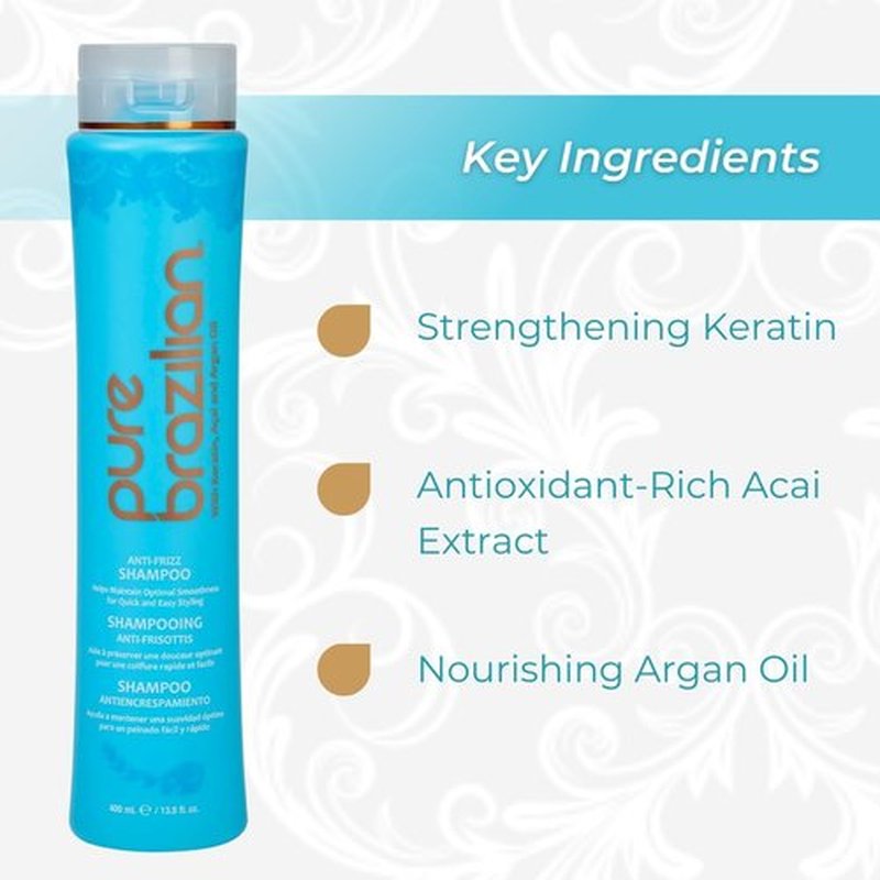 Pure Brazilian Anti-Frizz Shampoo - Salt-Free & Color Safe with Keratin, Argan Oil & Acai | 13.5 Oz (Pack of 2)