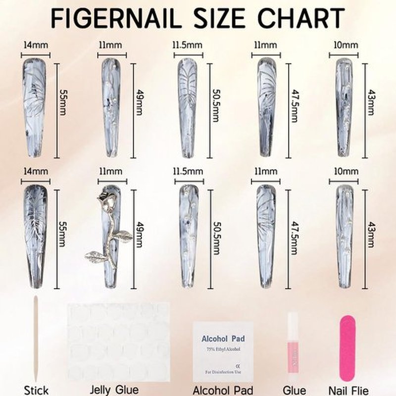 Long Sliver Press On Nails Pearl Artificial Nails, Almond Rose Butterfly Reusable Stick on Nails, Heavy Duty Nails for Women Girl Bride, Party Costume Fingernail Cosplay Drama Dance Show Decoration-L
