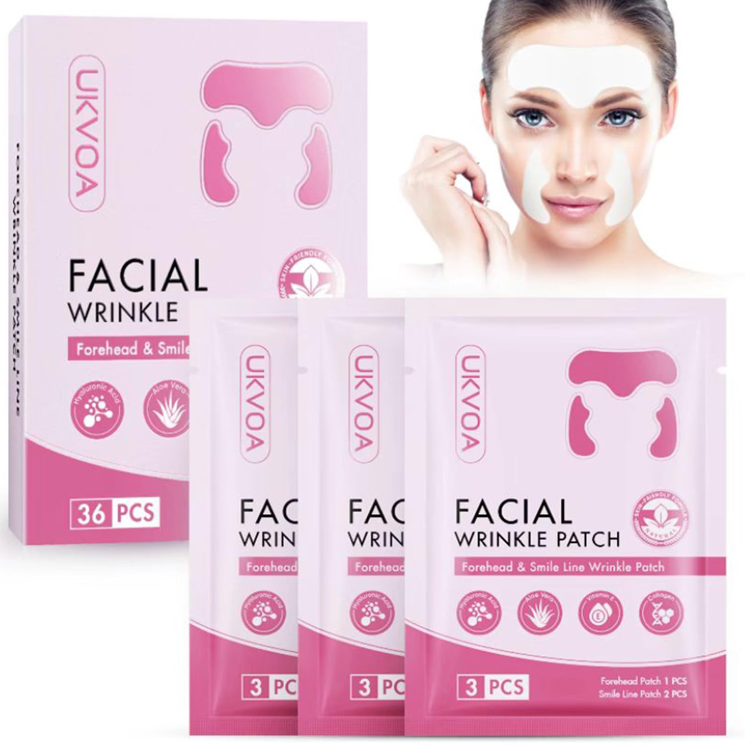 UKVOA Forehead and Smile Line Patches, Overnight Facial Wrinkle Treatment with Hyaluronic Acid, Aloe, Collagen & Vitamin E to Lift Smile Lines for Women 36pcs