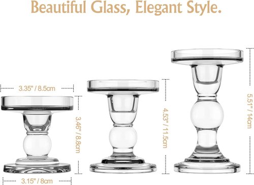 Lewondr Glass Candle Holders - Elegant 3-Piece Crystal Clear Set for Pillar & Taper Candles | Home Décor