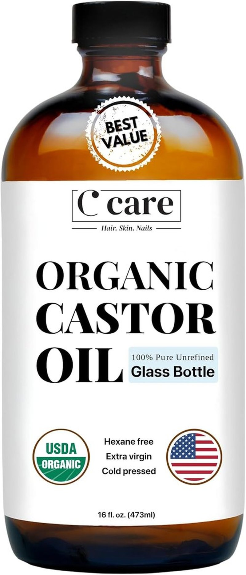 Castor Oil | 100% Pure Organic Cold Pressed | USDA Certified | Hexane Free | 16oz for Hair Growth & Skin Care