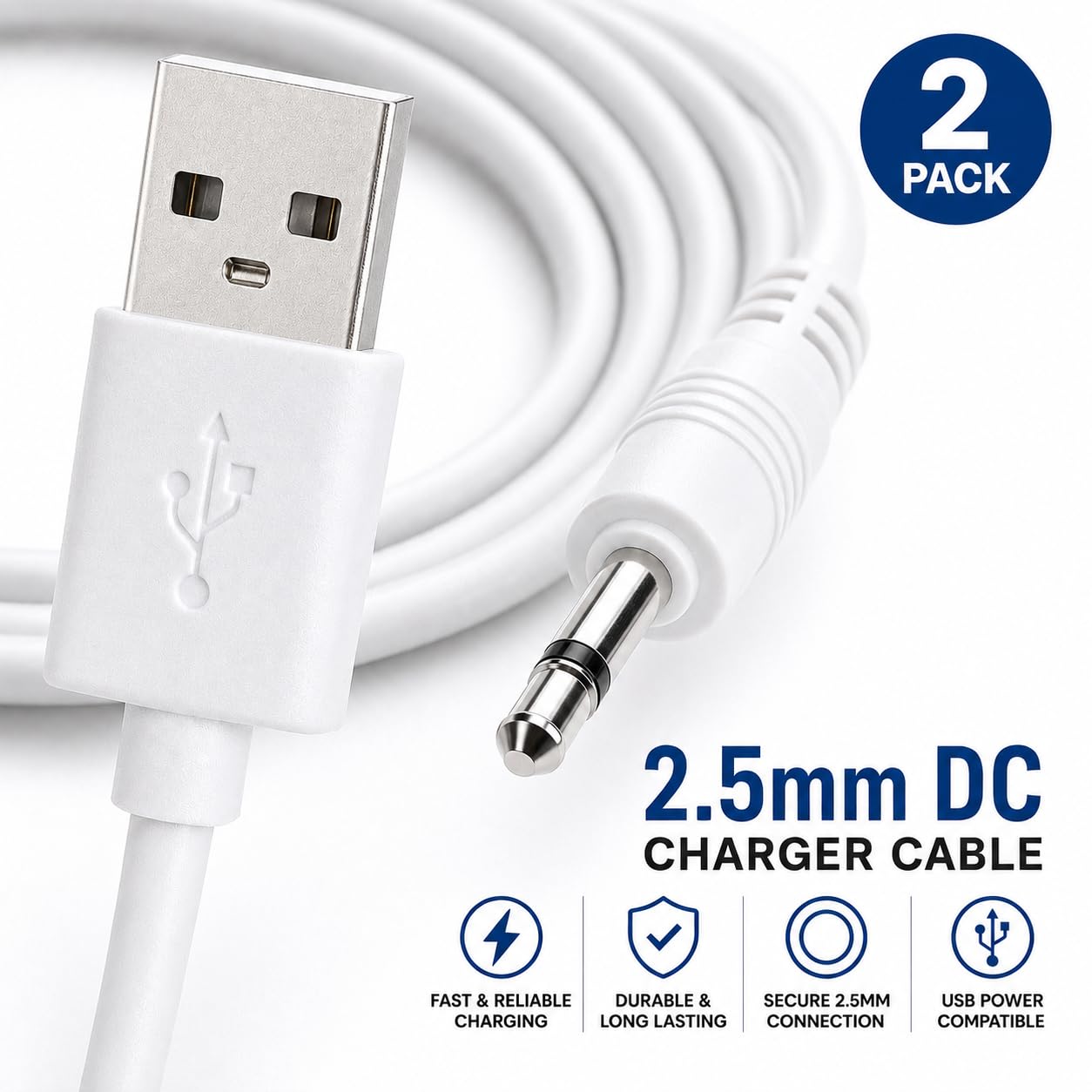 VibeMax (2 Pack) Massager Charger – Fast Charging USB Cable | 2.5mm DC Charger Cord