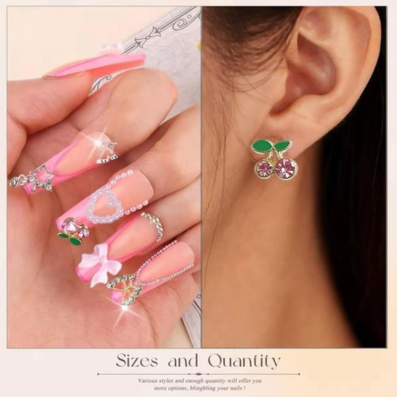 BANA ART Bow Nail Charms and Gems, 3D Candy Star Flower Lollipop Bows Pearl Charms for Nails Art Design, Alloy Cherry Butterfly Nail Charms DIY Craft Accessories for Valentine's Day Gift