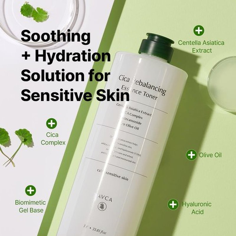 AVCA CICA Rebalancing Essence Facial Toner - Korean Toner with Centella Asiatica for Hydrating & Soothing, ph5.5 Trouble Care, Korean Skin Care (1L/33.8fl.oz.)