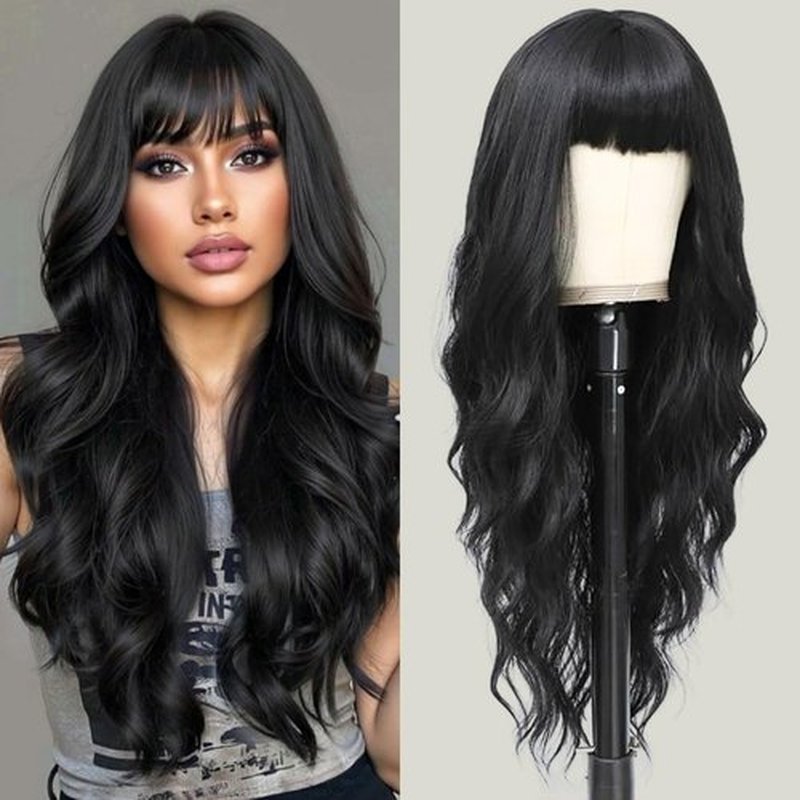POUWENEY Black Wig with Bangs 26 Inch Long Curly Wavy Wigs for Women Begineer-Friendly Synthetic Wig for Daily Party Holiday Use