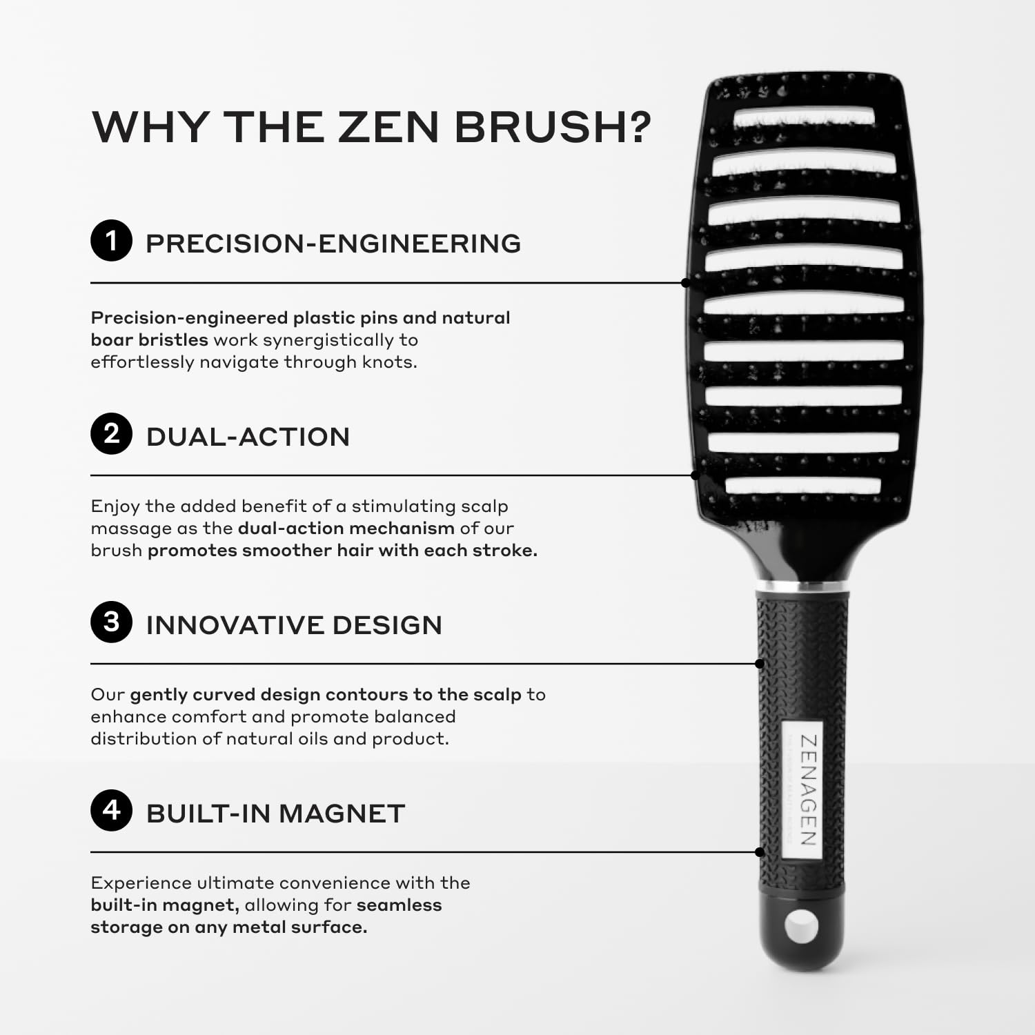 ZENAGEN Zen Brush (White) | Gently Detangles Hair, Reduces Breakage, Enhances Scalp Stimulation, Lightweight Ergonomic Design, All Hair Types 1 ea
