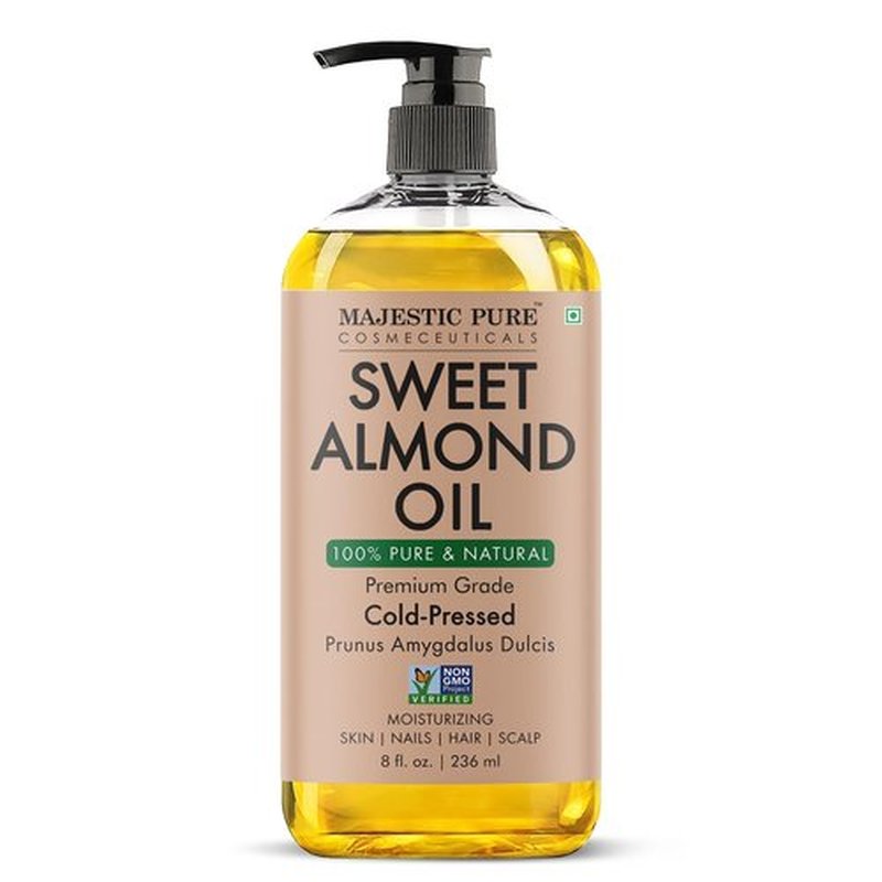 Majestic Pure Sweet Almond Oil 8 Fl Oz - 100% Pure and Natural- Cold Pressed & Hexane Free Natural Hair Growth Oil for Eyelashes, Eyebrows, Skin, Body, Face, Nails & Scalp