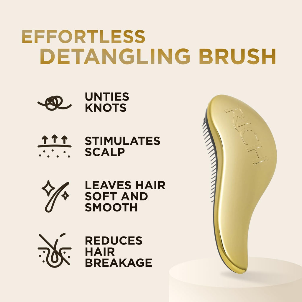 RICH Hair Care Golden Glamour Satin Touch Detangling Brush- Dry and Wet Hair Brush Detangler for All Hair Types - Keeps Hair Smooth, Anti-static, Reduces Frizz for Men, Women and Kids