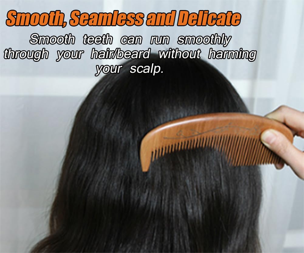AKOAK 1 Pack Peach Comb, Wooden Fine Tooth Comb, Anti-static Hand Carved Pattern Pocket Size Travel Beard Comb, Hair Massage Tool Care Accessories, Suitable for Women, Men, Children