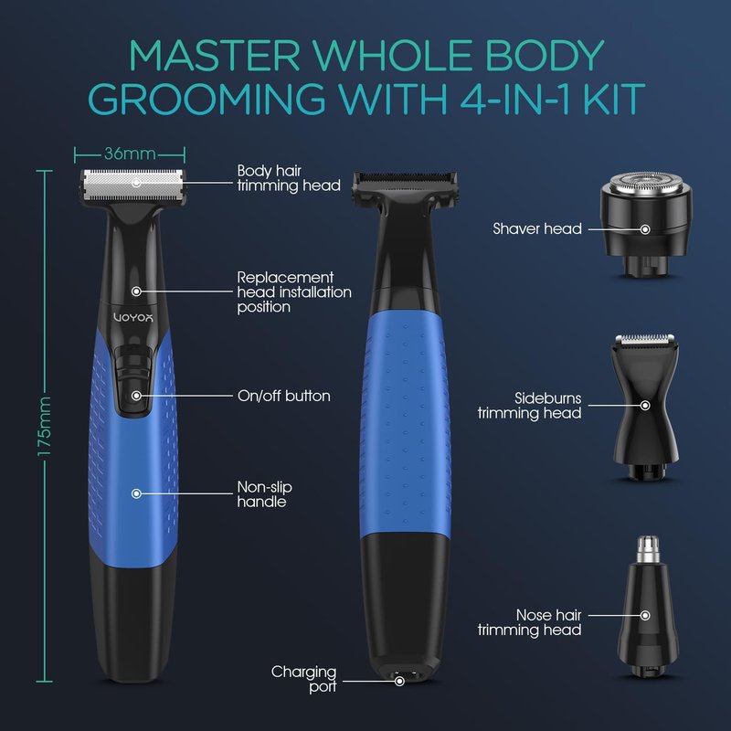 VOYOR Beard Trimmer for Men - Cordless Electric Razor with Adjustable Length Combs | All-in-One Grooming Kit (Blue)