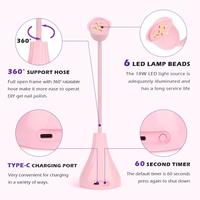 XSMNER UV LED Nail Lamp, Portable Mini Nail Dryer, 360° Rotatable Hands Free Quick Gel Nail Light, Nail Polish Curing Lamp Flash Cure Light for Nails Great for DIY Home & Salon Manicure (Pink)