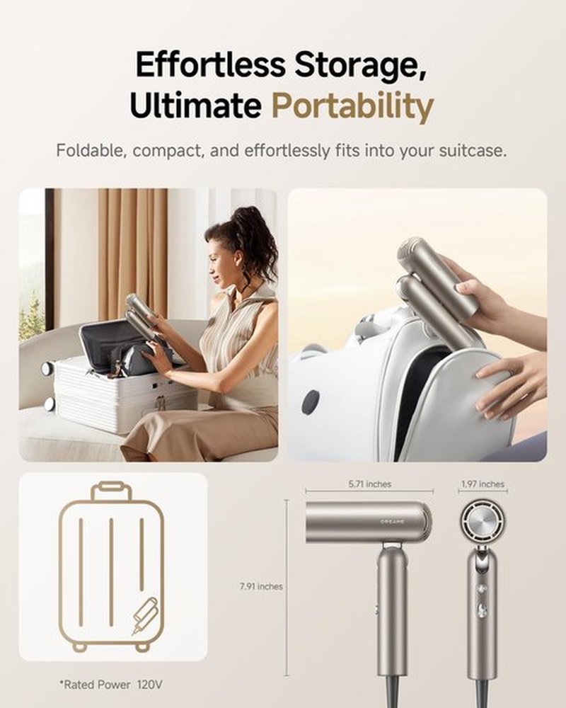 Dreame Pocket Hair Dryer - Ultra Lightweight & Fast Drying with 2 Attachments | Portable for Home & Travel