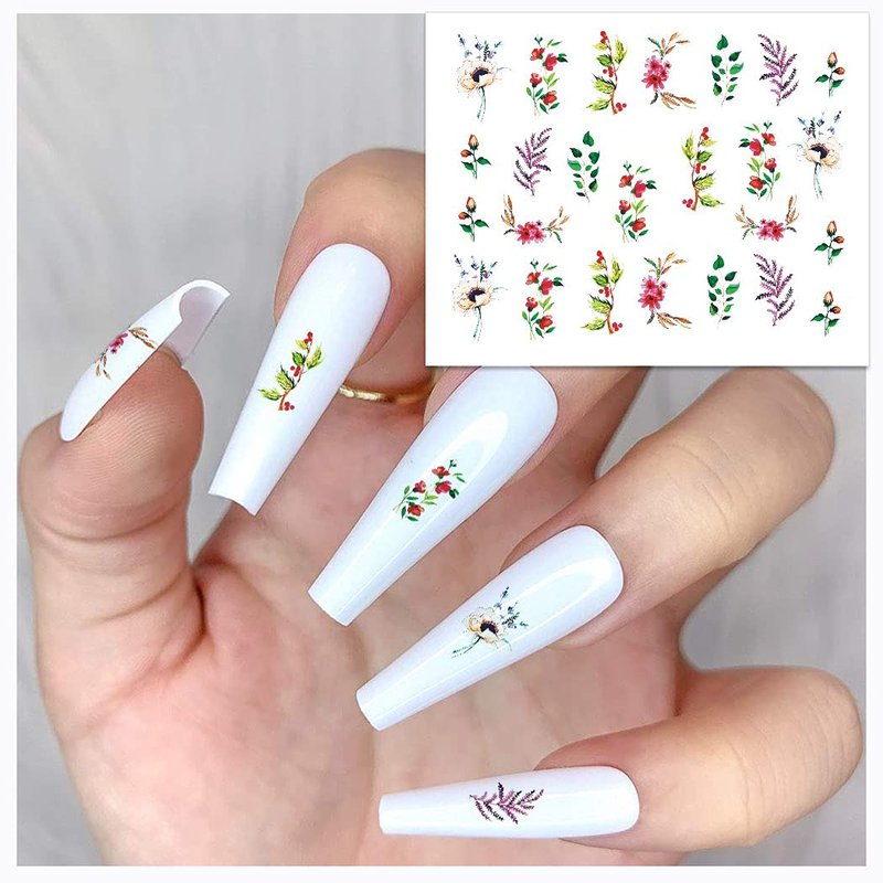 WOKOTO 44 Sheets Feather Nail Art Stickers - 3D Nail Decals with Flowers, Animals - Self-Adhesive Flower Nail Stickers for Women & Girls Acrylic Nails