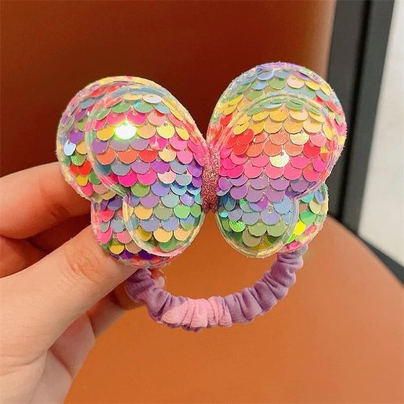 Lemeilleur 14 Pcs Sequined Butterfly Hair Ties Bow Hair Ties Elastic Rubber Bands Hair Scrunchies for Toddlers Girls Rainbow Sequin Sparkle Ponytail Holders Hair Accessories