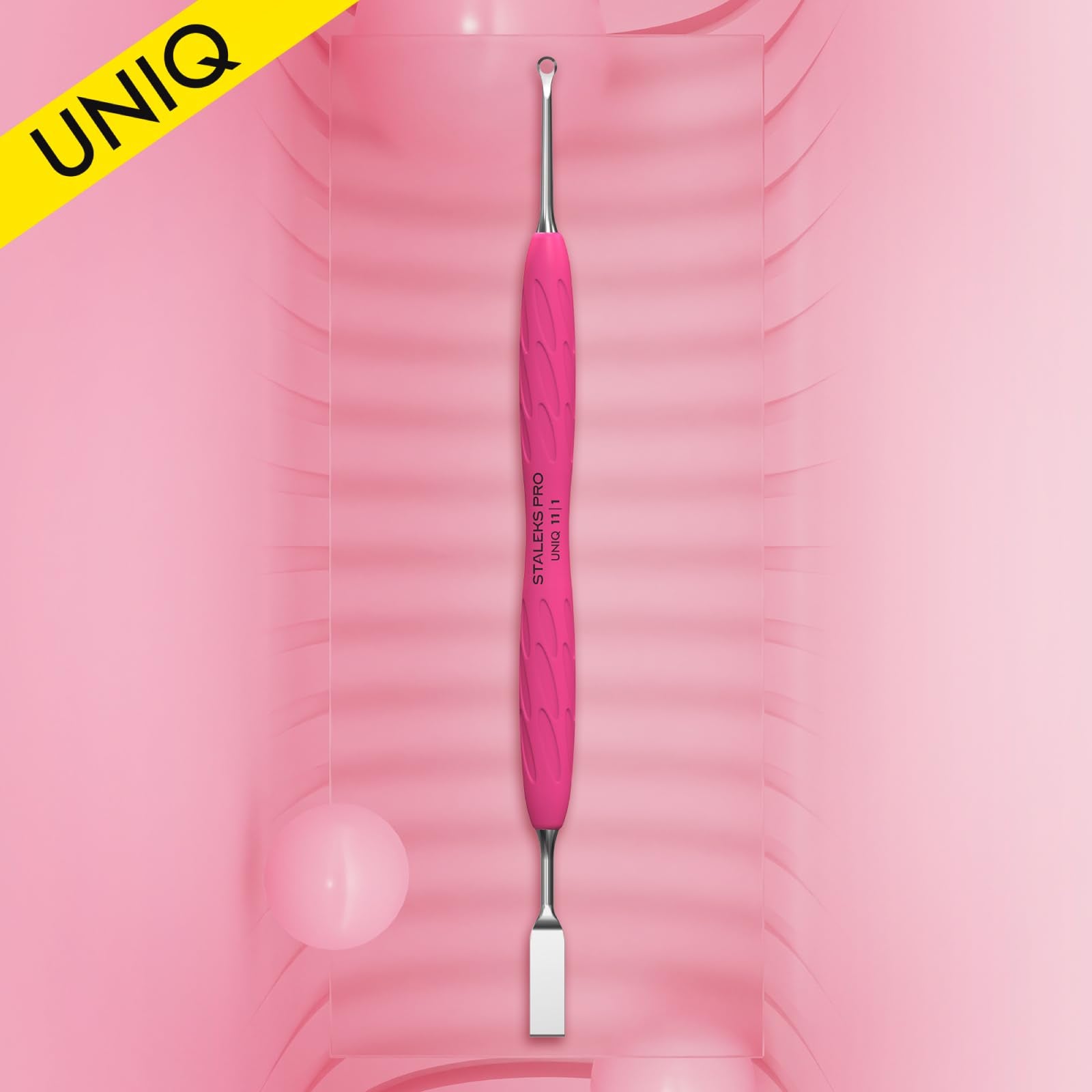 Staleks Pro Manicure Pusher Gummy UNIQ 11 Type 2 – Silicone Handle Cuticle Pusher Tool – Beveled & Loop Pusher – Stainless Steel – Ergonomic & Non-Slip Grip – Sterilizable & Durable